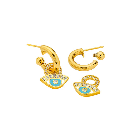Evil Eye Diamond Hoop Charms - Sky Blue Enamel