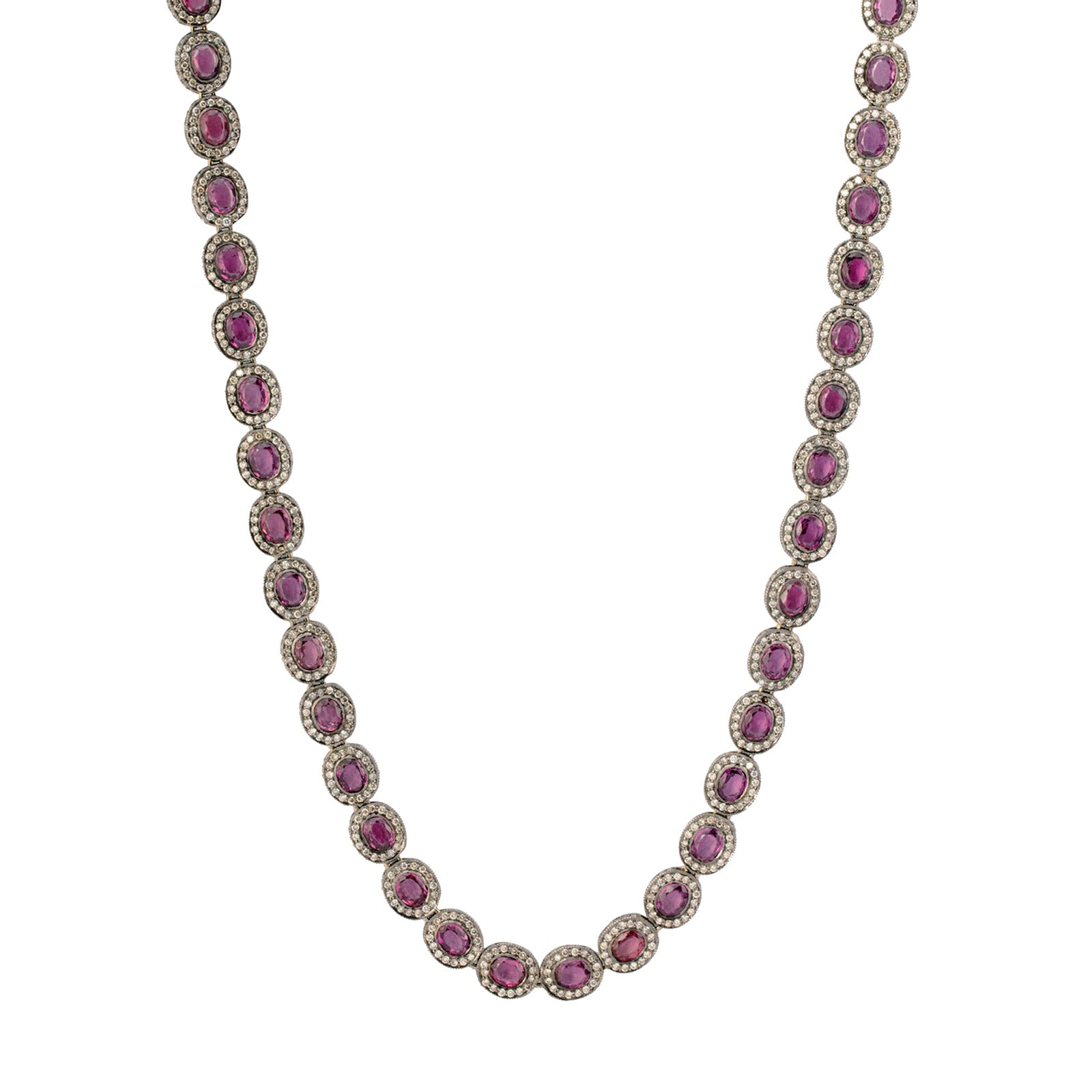Munnu The Gem Palace Indo Russian Garnet & Diamond Flat Oval Link Necklace - Necklaces - Broken English Jewelry