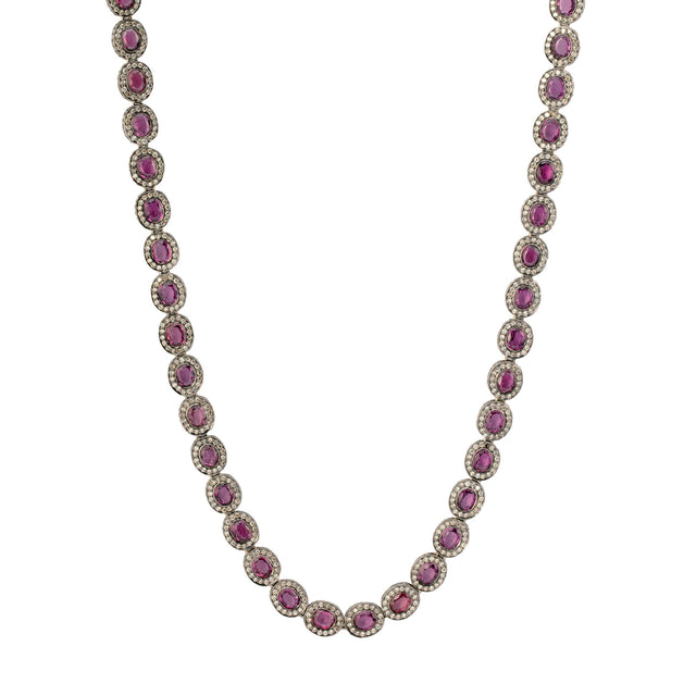 Munnu The Gem Palace Indo Russian Garnet & Diamond Flat Oval Link Necklace - Necklaces - Broken English Jewelry
