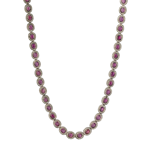 Indo Russian Garnet & Diamond Flat Oval Link Necklace - Main Img
