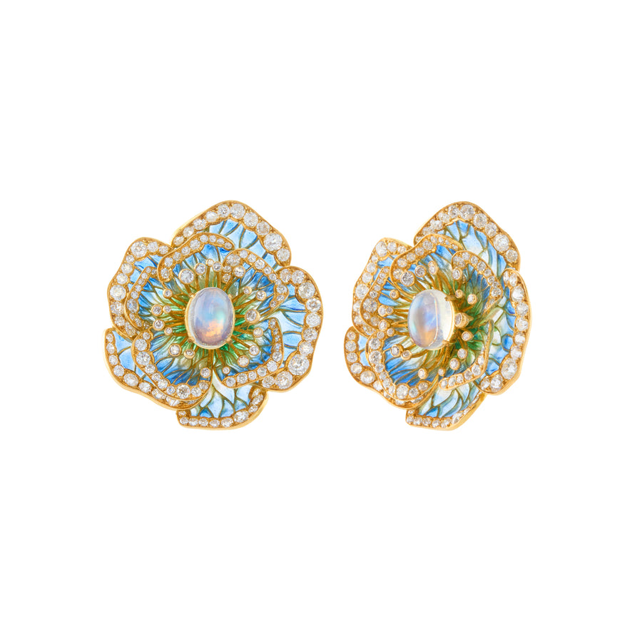 Plique-a-jour Flower Earrings - Moonstone and Diamond