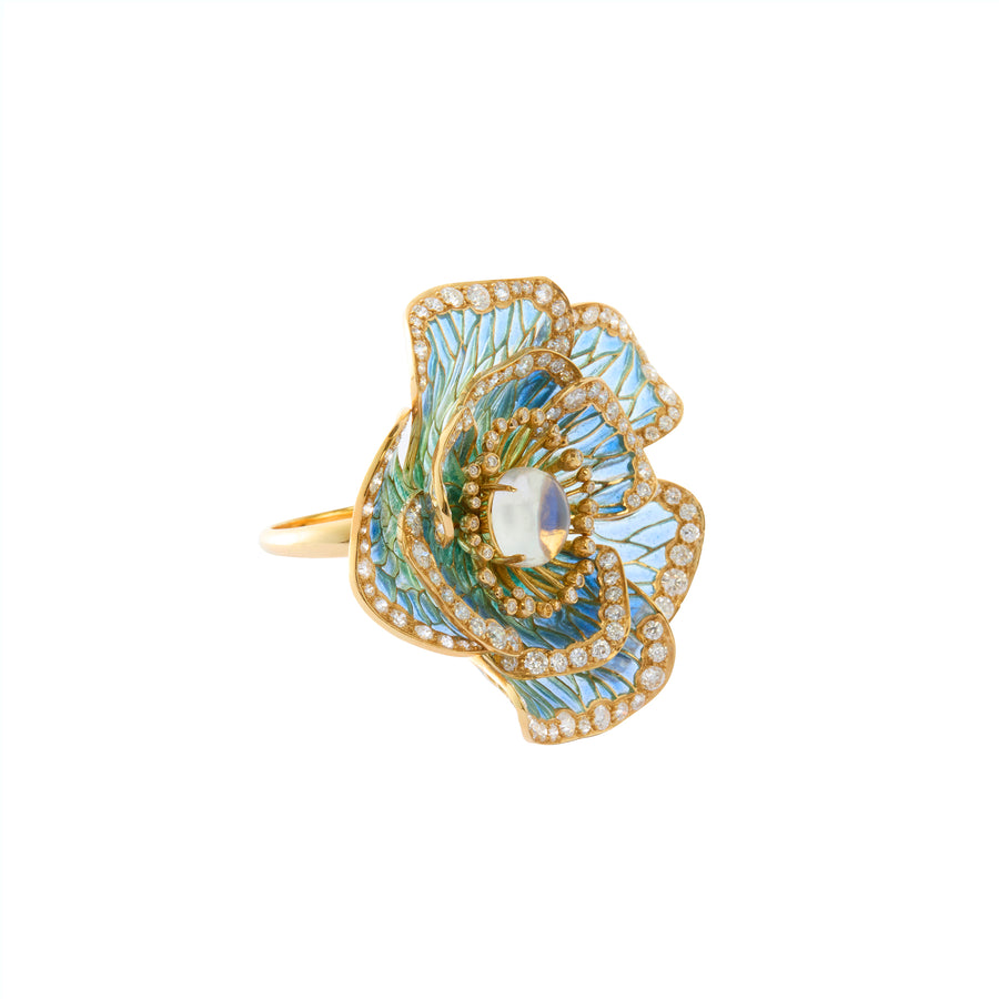 Plique-a-jour Flower Ring - Moonstone and Diamond