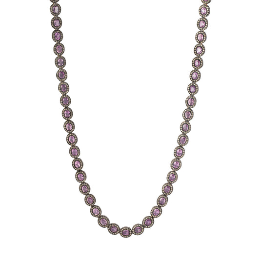 Pink Sapphire & Round Cut Diamond Indo Russian Flat Oval Link Necklace - Main Img