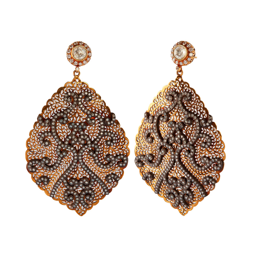 Munnu The Gem Palace Vinework Shield Earrings front and angled view