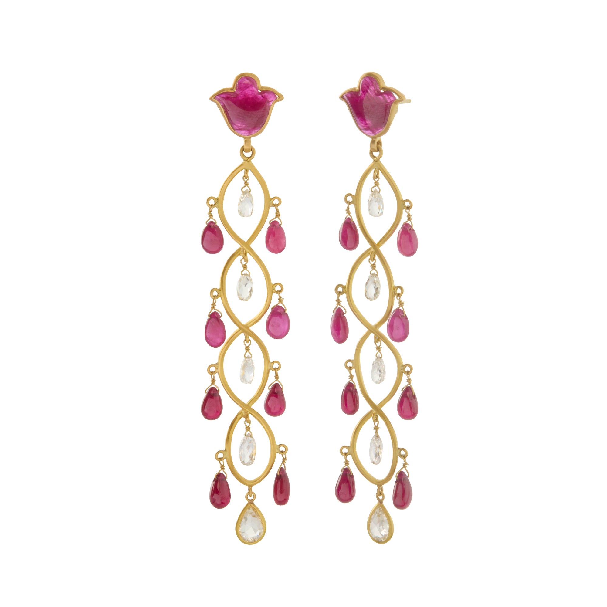 Ruby and Diamond Lotus Chandelier Earrings