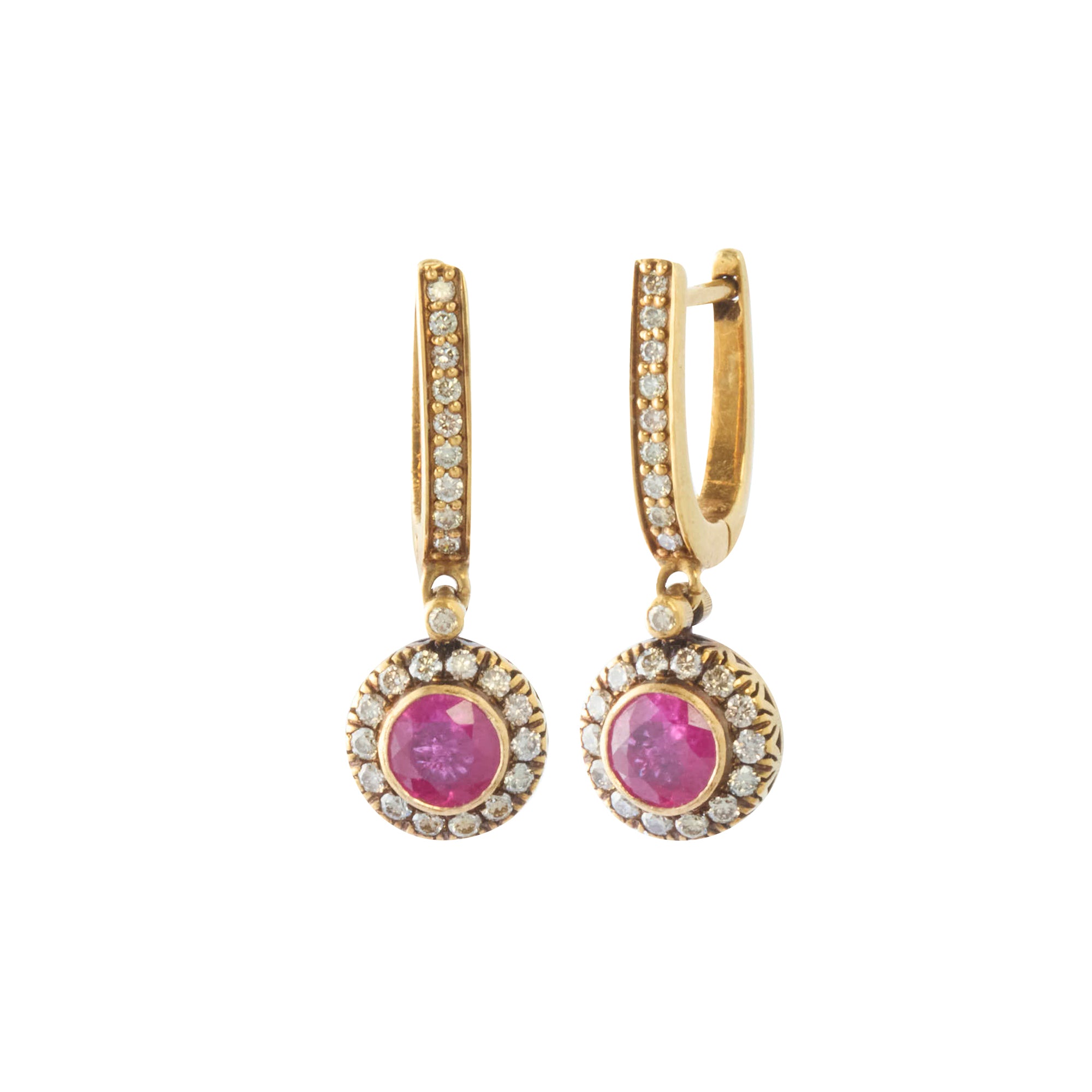 Round Indo Russian Drop Hoop Earrings with Ruby and Diamond