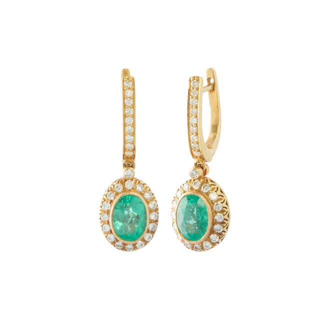 Oval Indo Russian Drop Hoop Earrings with Emerald and Diamond