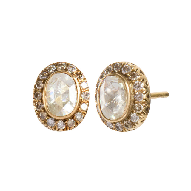 Radiant Cut Diamond Indo Russian Oval Stud Earrings