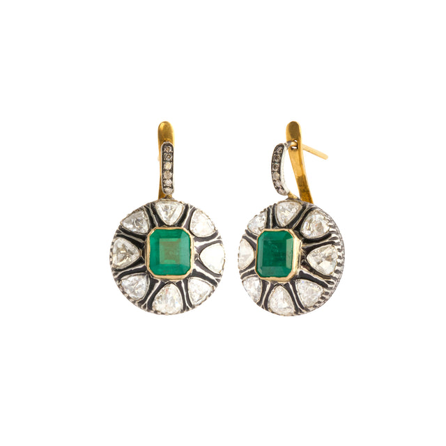 Diamond and Emerald Indo-Russian Flower Earrings
