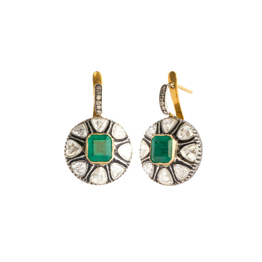 Diamond and Emerald Indo-Russian Flower Earrings - Main Img