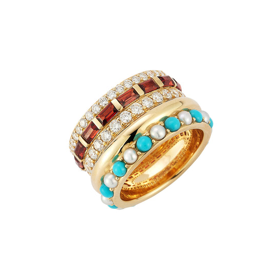 Turquoise and Pearl and Garnet and Diamond Pre Stacked Strata Ring