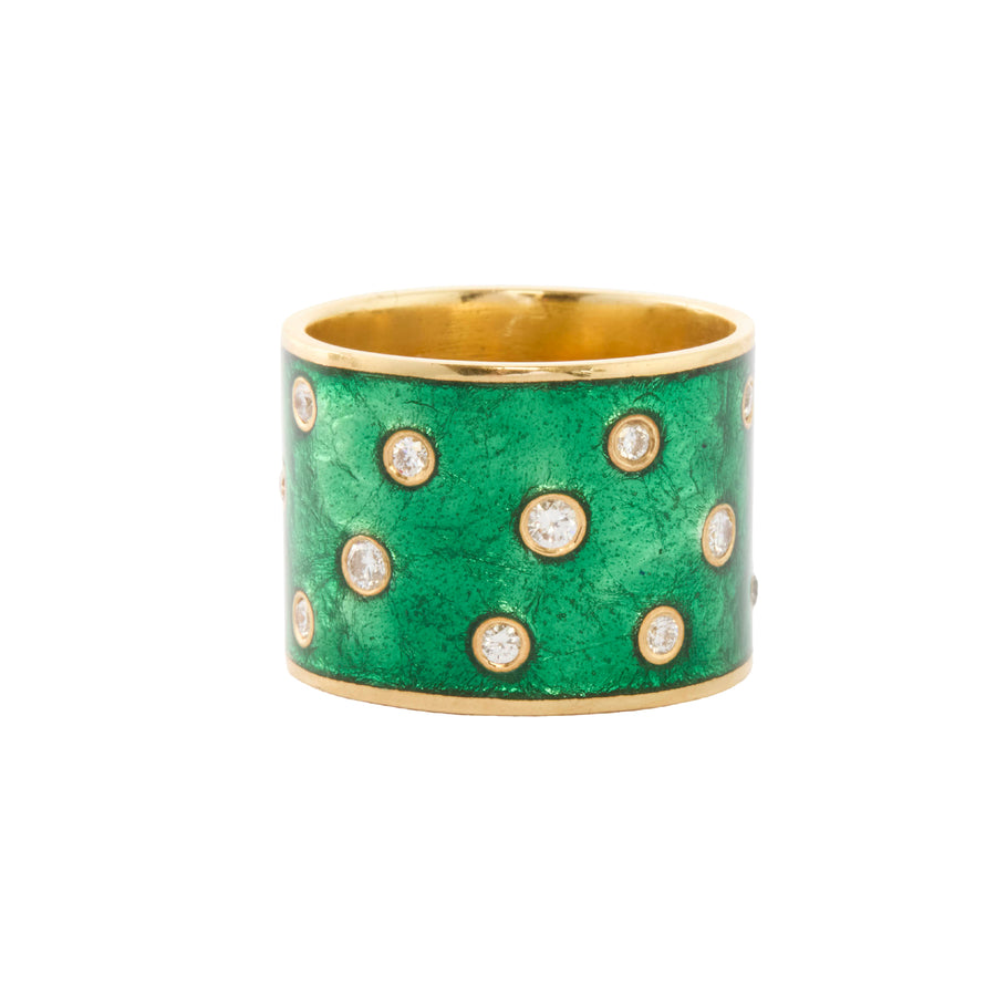 Diamond and Green Enamel Cigar Band Ring