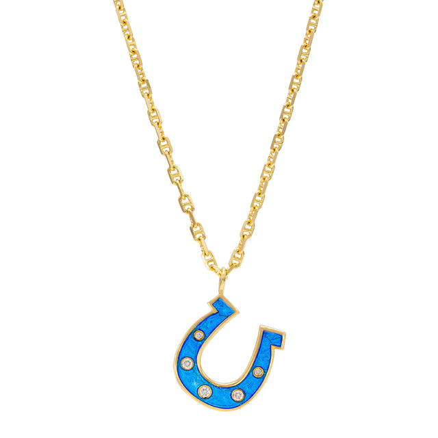 Diamond and Cobalt Blue Enamel Horseshoe Necklace