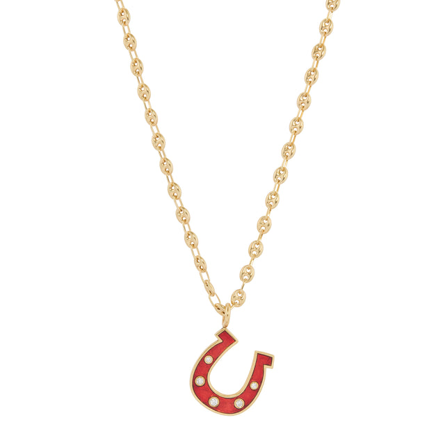 Diamond and Red Enamel Horseshoe Necklace