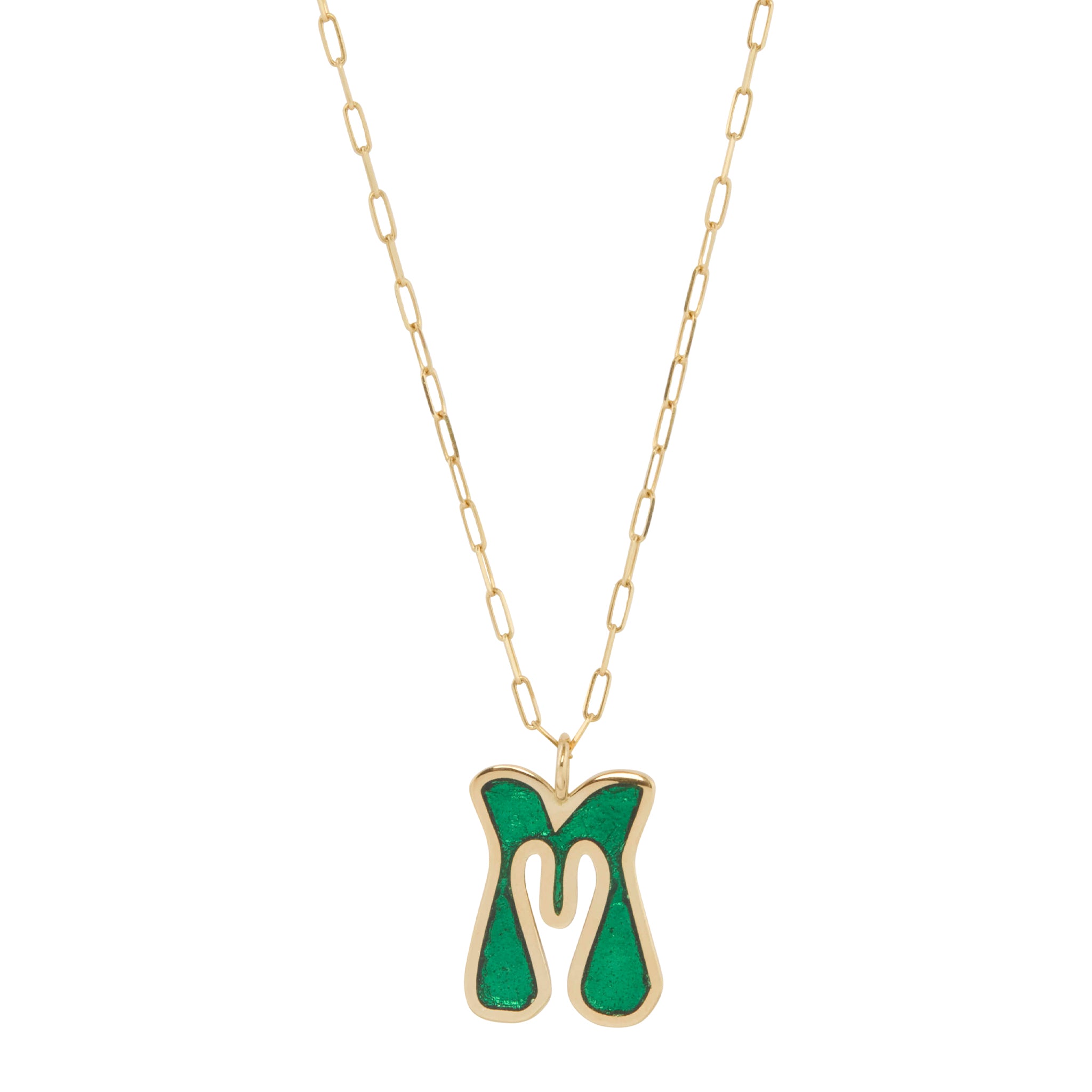 Green Enamel M Initial Necklace