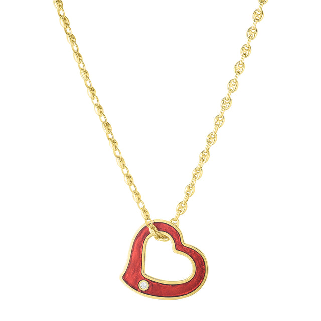 Diamond and Red Enamel Open Heart Necklace
