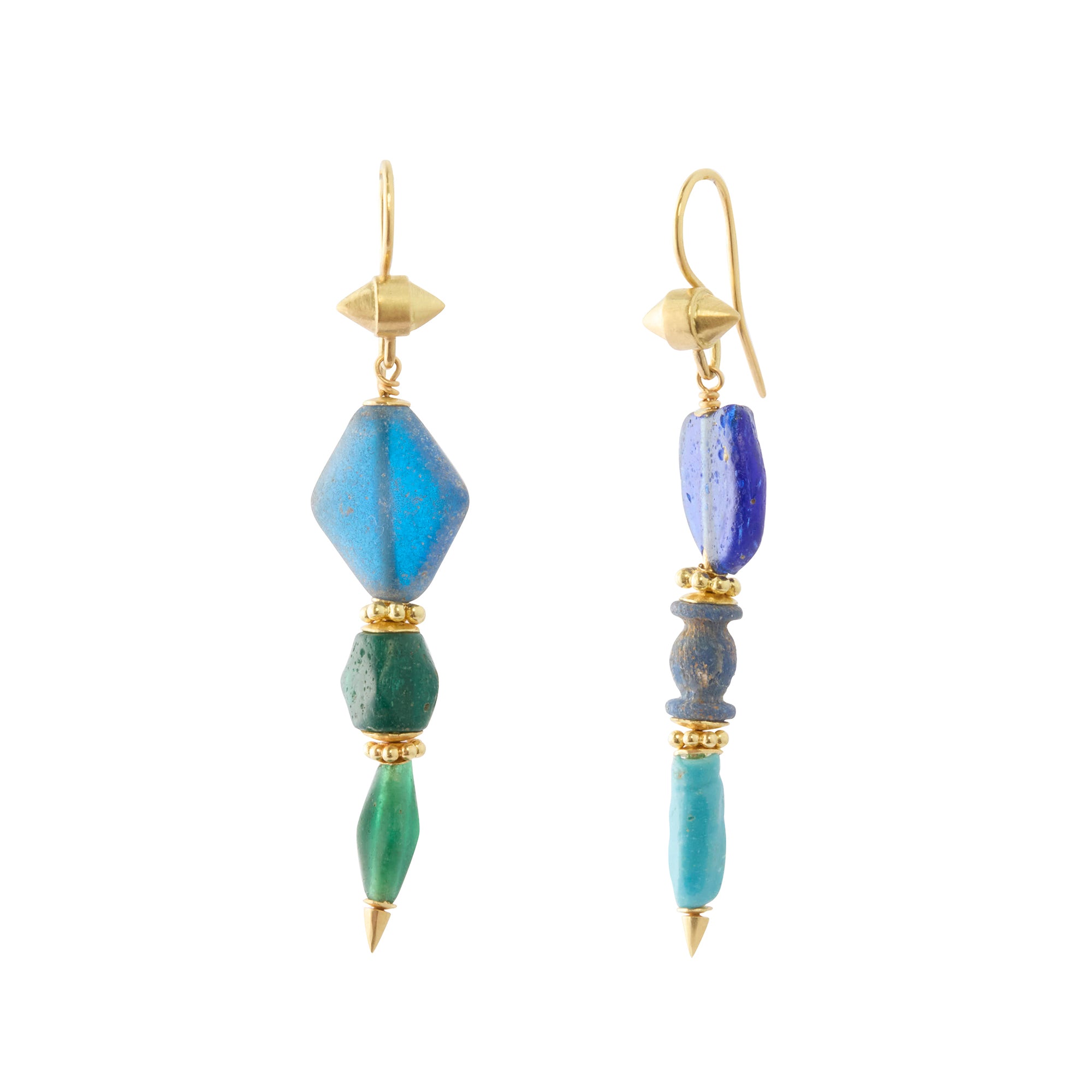 Ancient Blue Roman Glass Drop Earrings in 18K Yellow Gold
