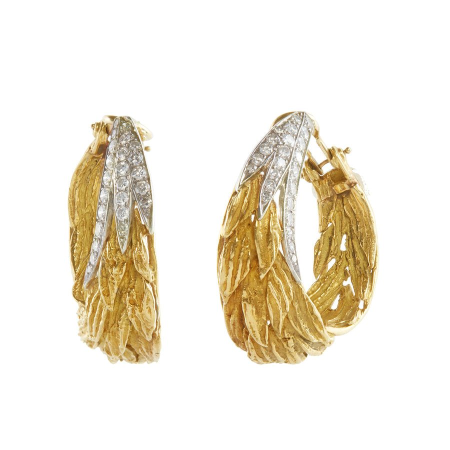 Antique & Vintage Jewelry Feather Hoop Earrings with Diamond Sections - Earrings - Broken English Jewelry front and angled view