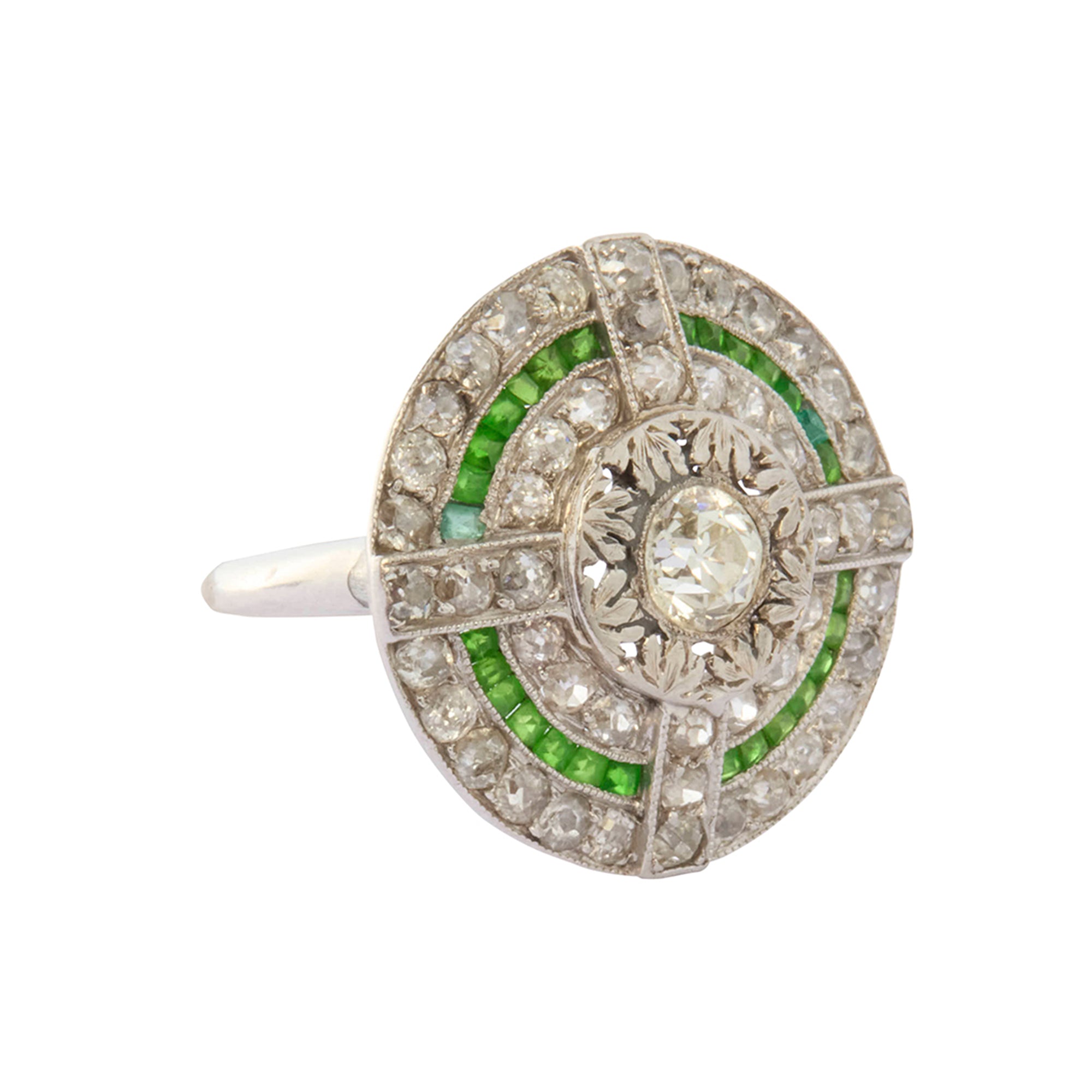 Edwardian Diamond, Garnet, and Demantoid Ring in Platinum