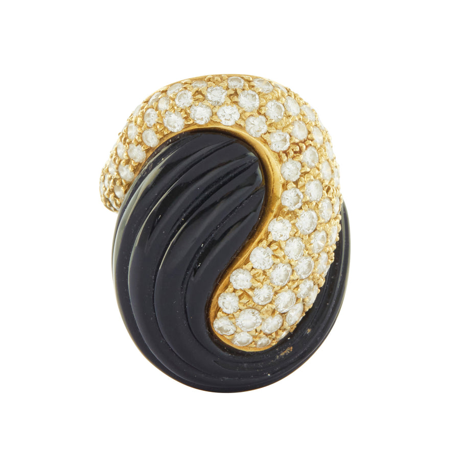 Antique & Vintage Jewelry Diamond and Onyx Swirl Ring - Rings - Broken English Jewelry front view