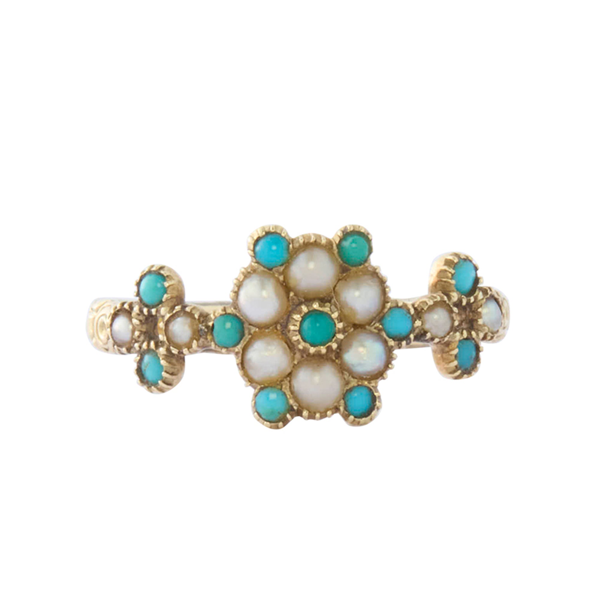Victorian Pearl and Turquoise 'Forget Me Knot' Flower Ring