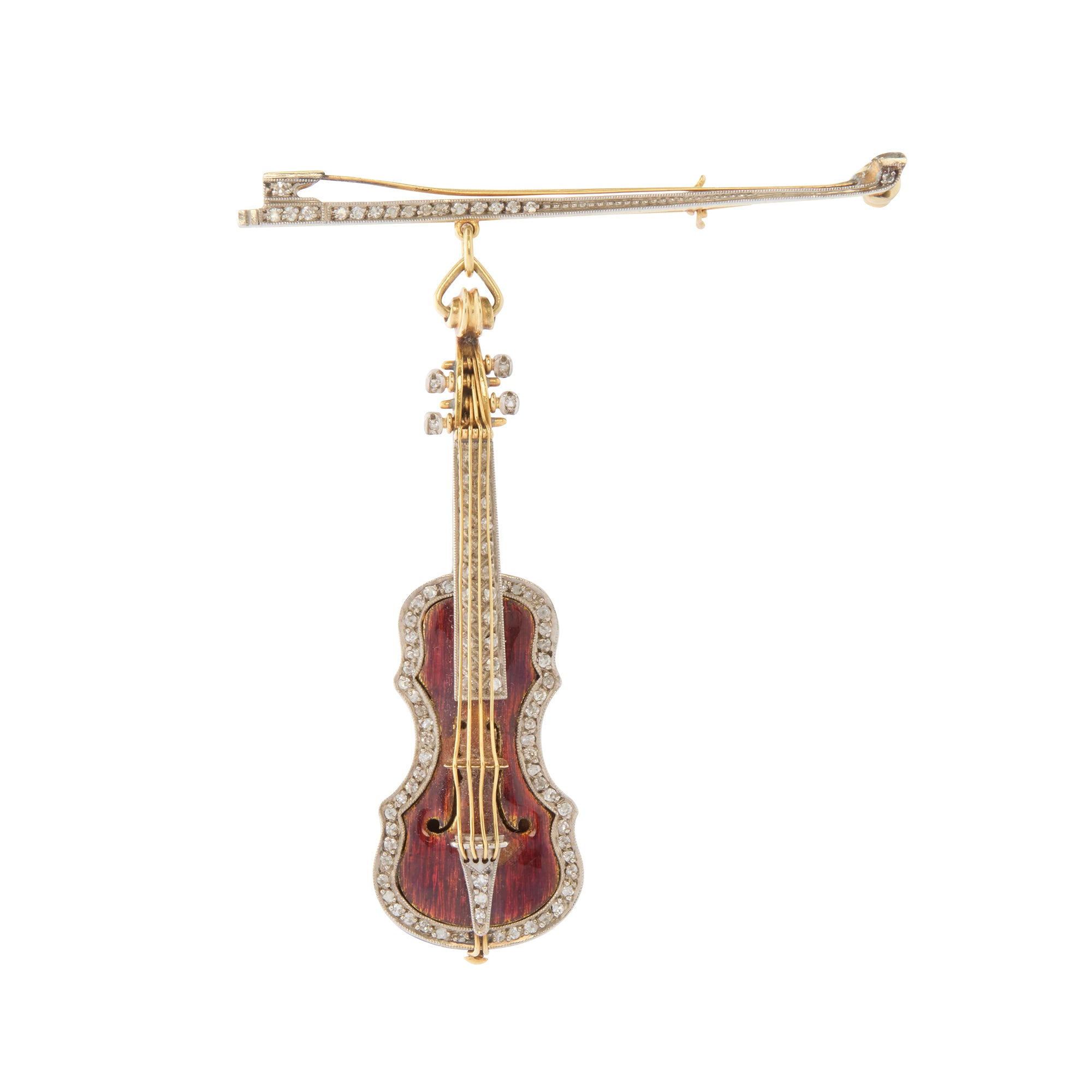 Rose-Cut Diamond and Enamel Violin Brooch in 18K Yellow Gold – Circa 1920s