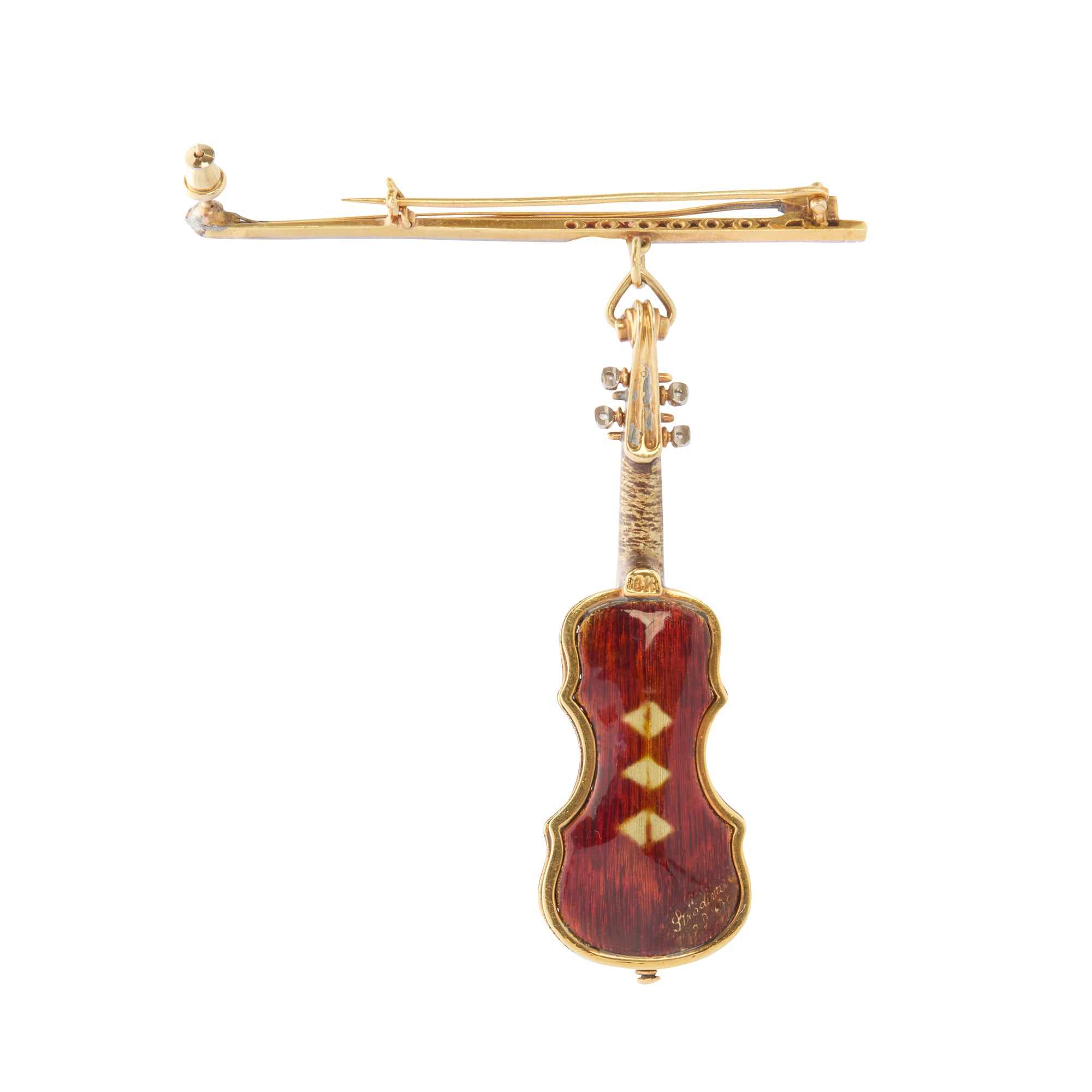 Rose-Cut Diamond and Enamel Violin Brooch in 18K Yellow Gold – Circa 1920s