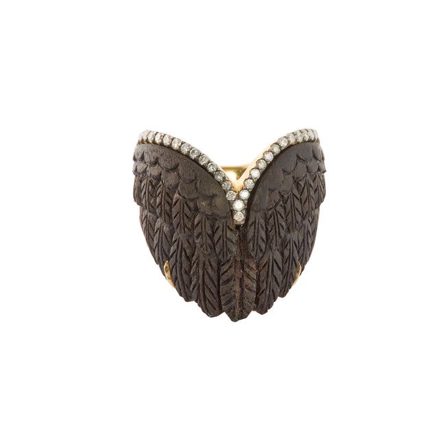 Diamond and Carved Brauna Wood Wing Format Ring