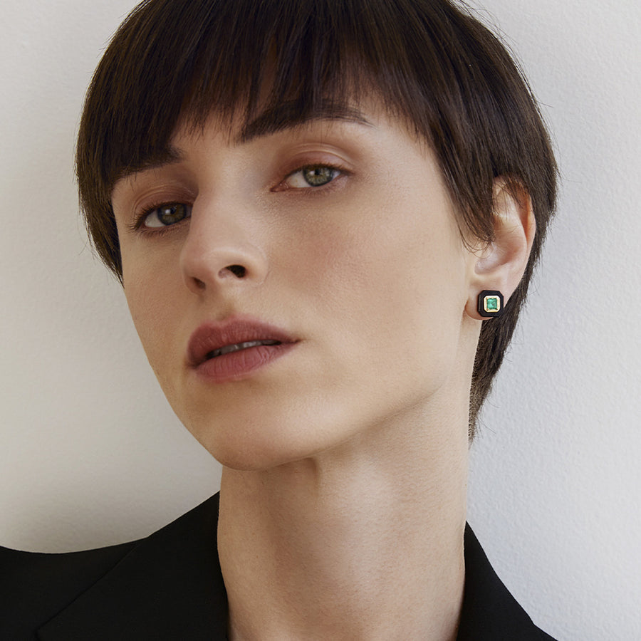 Sauer Emerald Frame Tribes Earrings - Earrings - Broken English Jewelry on model