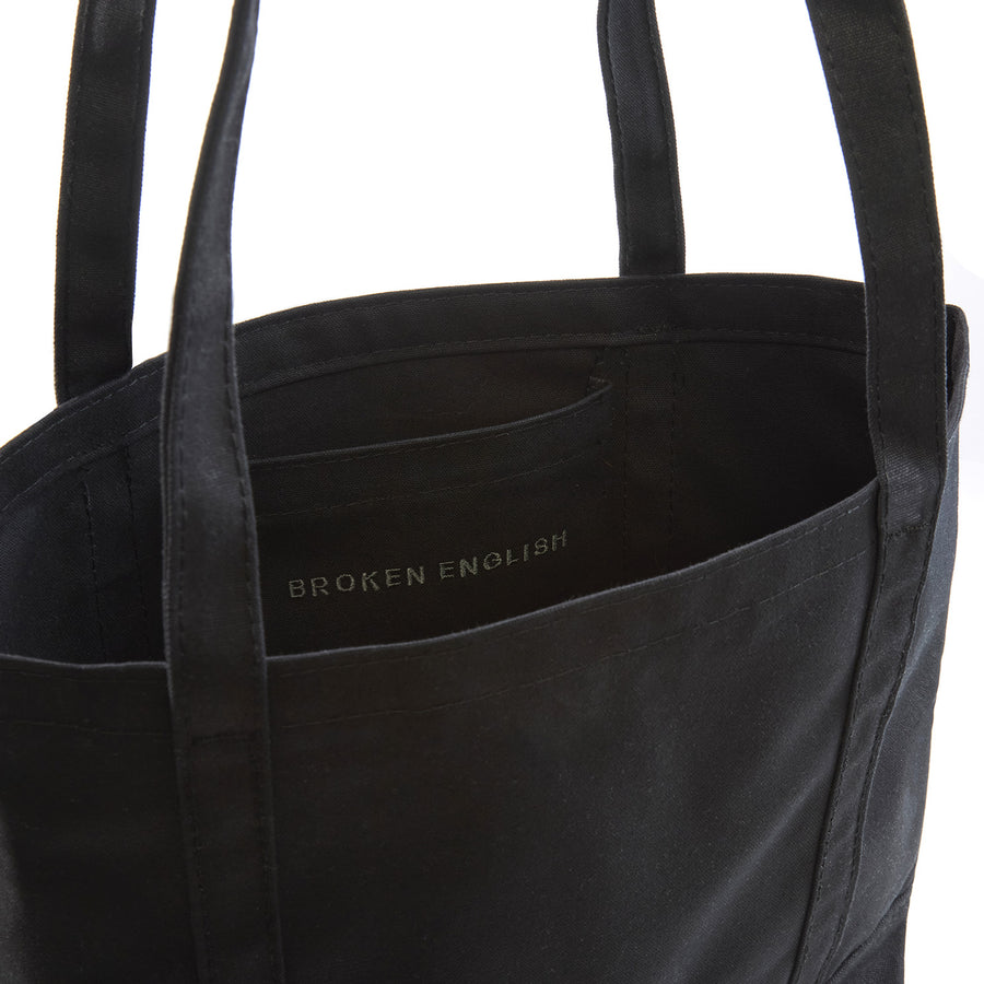 BE Accessories Black Cotton Tote Bag - Accessories - Broken English Jewelry detail of pocket
