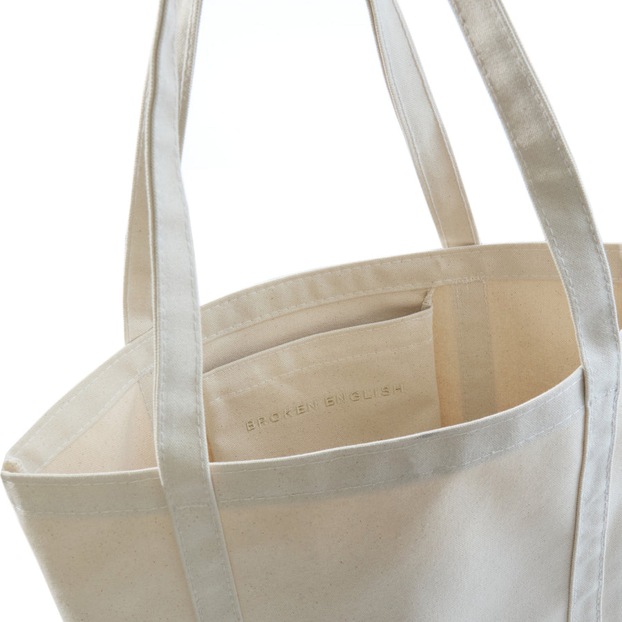 BE Accessories Creme Cotton Tote Bag - Accessories - Broken English Jewelry detail of pocket