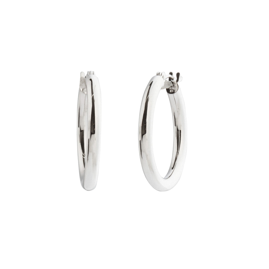 BE Jewelry Medium Shiny Lite Tube Hoops - 3mm - White Gold - Earrings - Broken English Jewelry front and angled view
