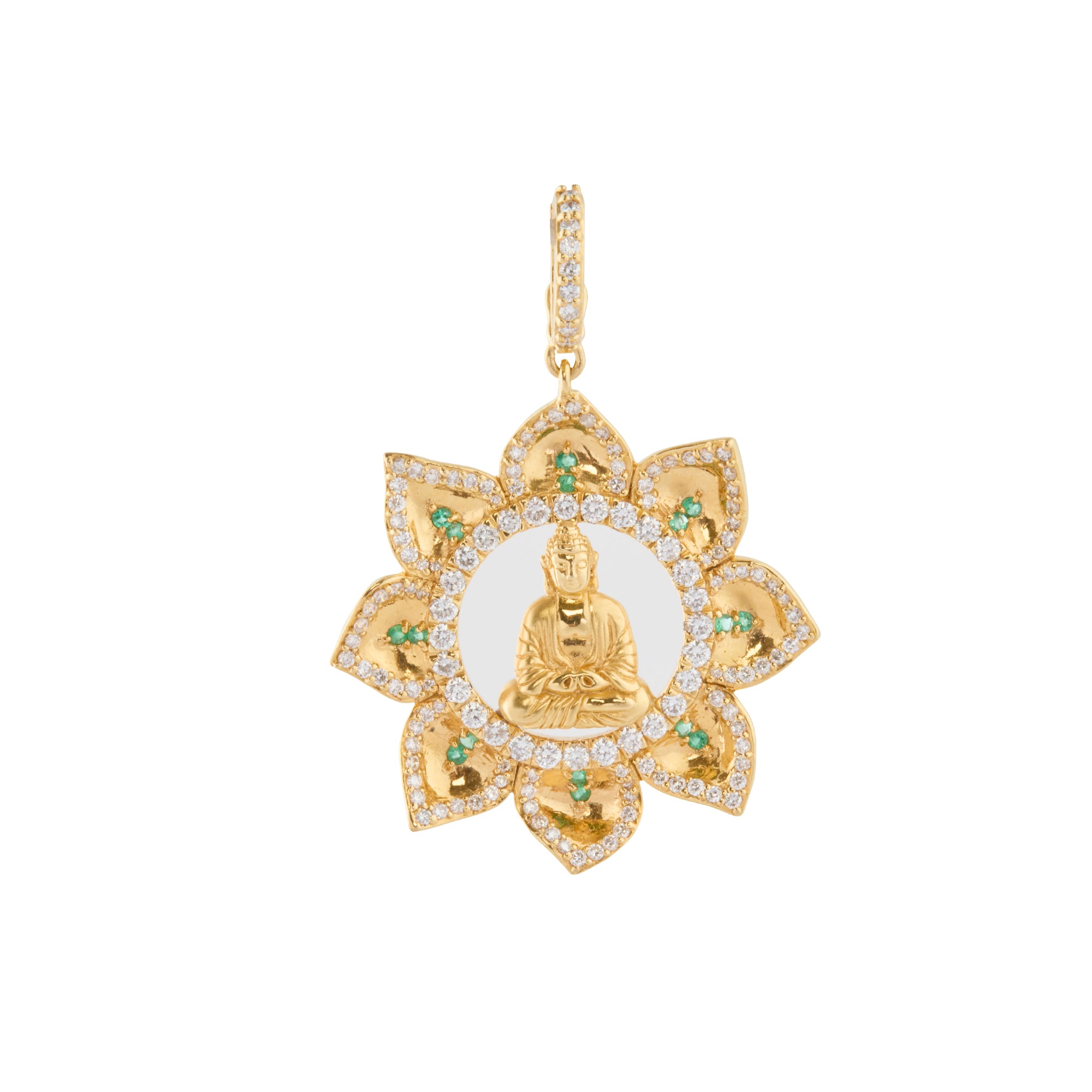 Small Gold Buddha in Lotus Pendant with Diamond and Emerald