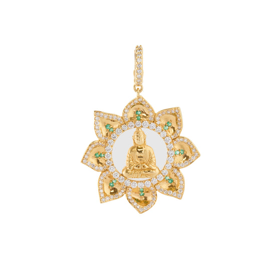 Small Gold Buddha in Lotus Pendant with Diamond and Emerald - Main Img