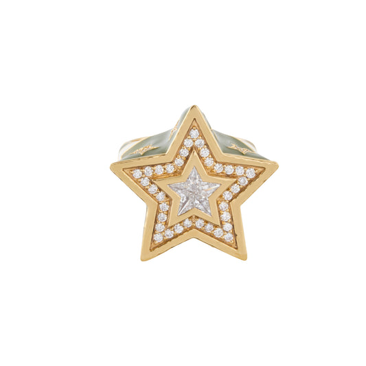 Army Green Enamel Kite Star Signet Ring with Diamond - Main Img