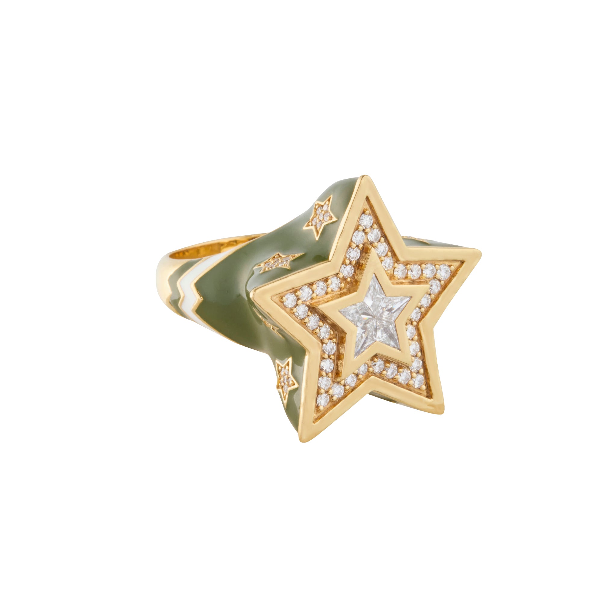 Army Green Enamel Kite Star Signet Ring with Diamond
