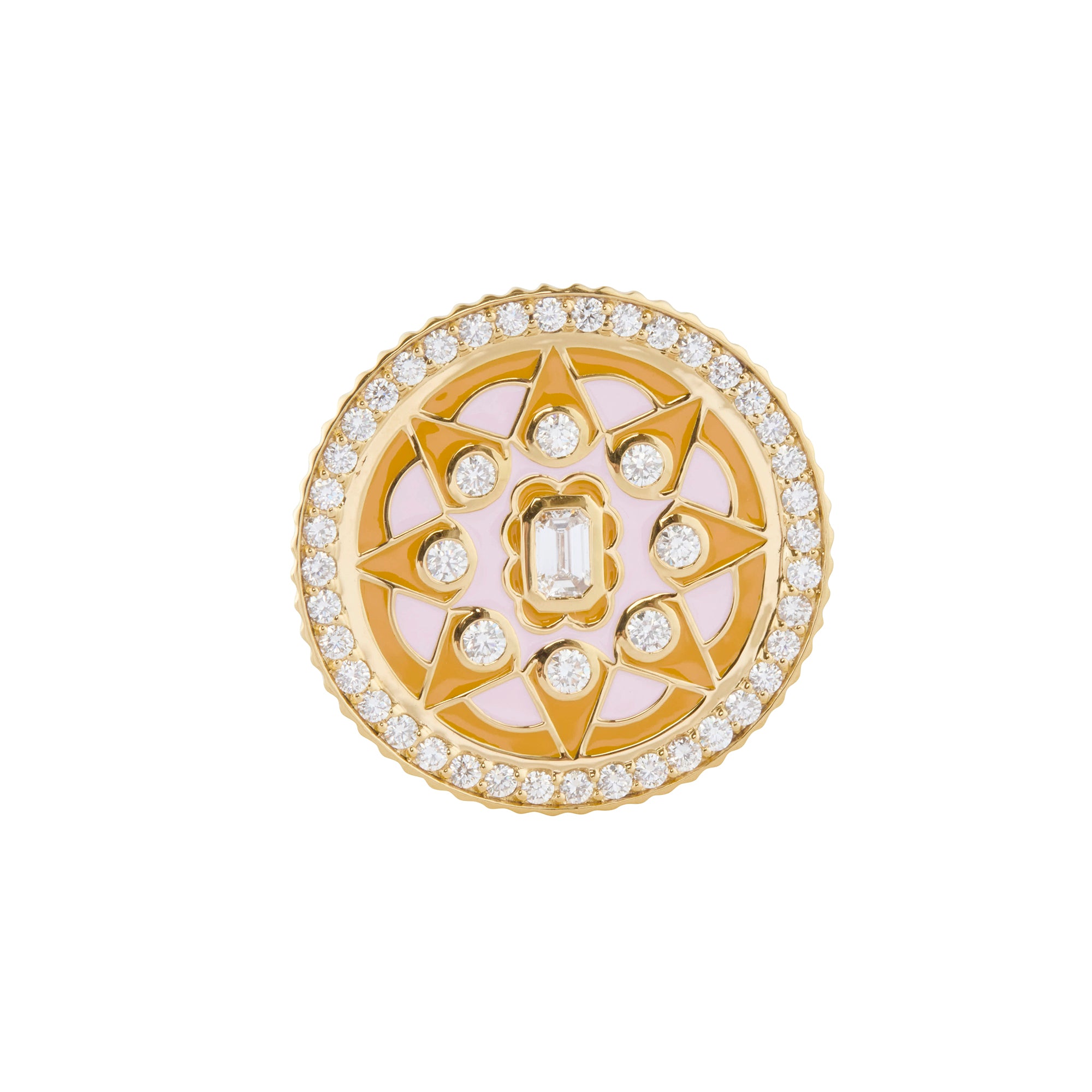 Diamond, Pink Enamel, and Clementine Mandala Coin Ring