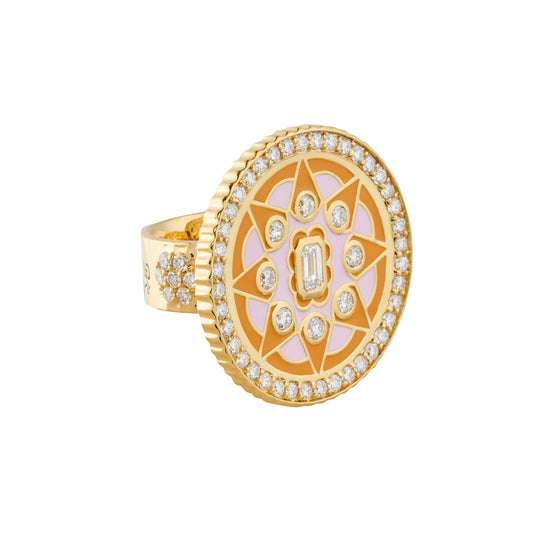 Diamond, Pink Enamel, and Clementine Mandala Coin Ring