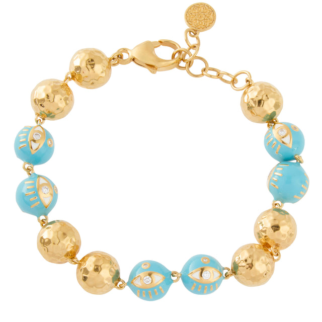 Sky Blue Enamel Evil Eye Beaded Bracelet with Diamond