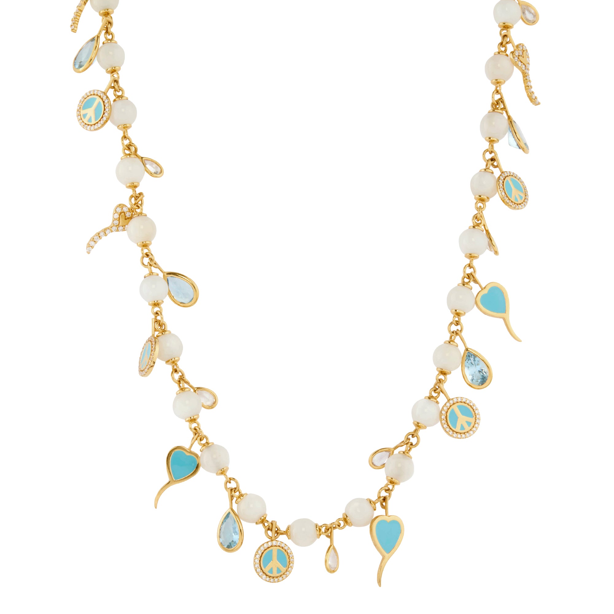 Diamond, White Sapphire, Aquamarine, Moonstone Wire Wrap Necklace