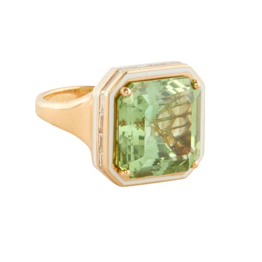 Mega Tourmaline and Diamond Ivory Enamel Ring