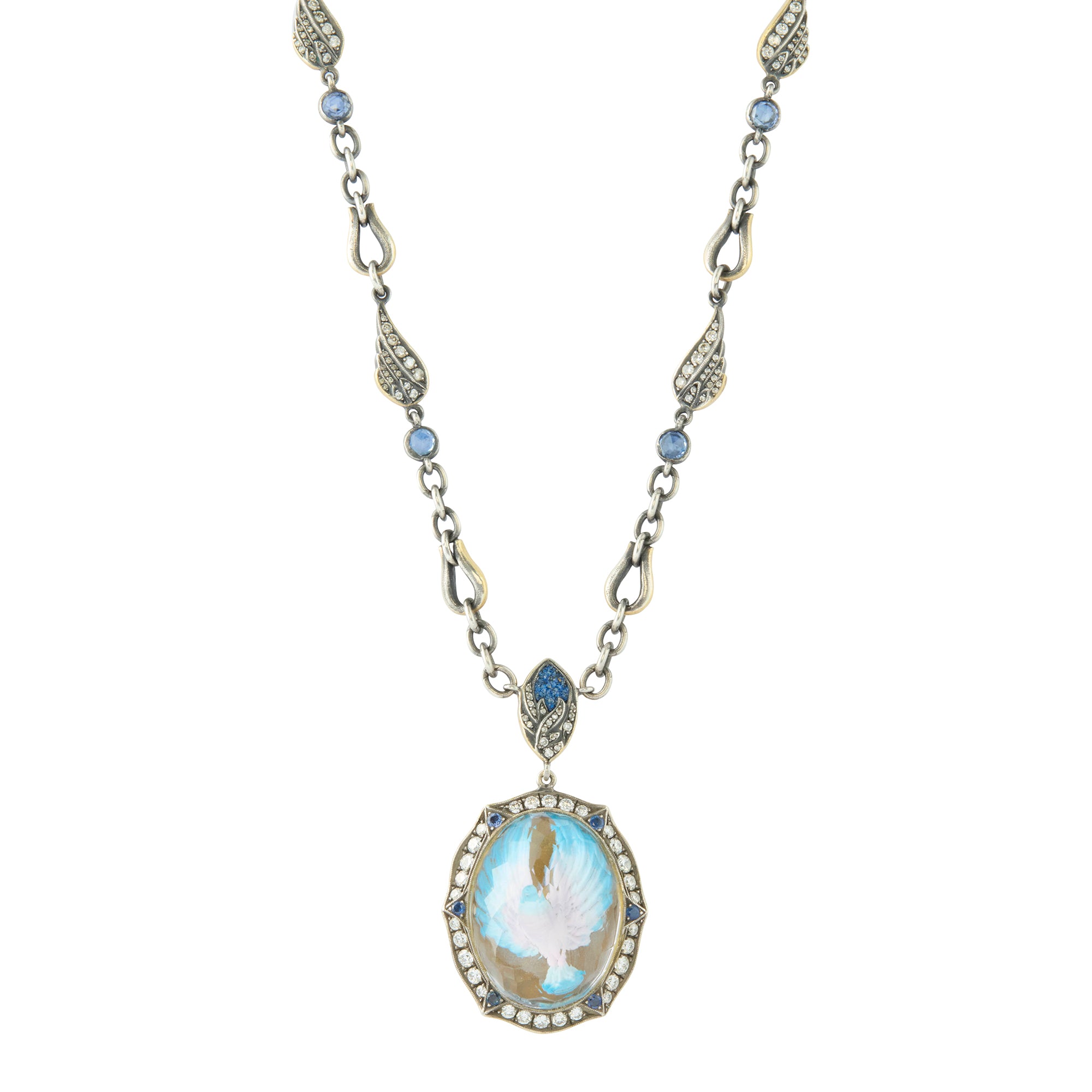 Reversed Carved Rock Quartz and Diamond Bird in Flight Necklace