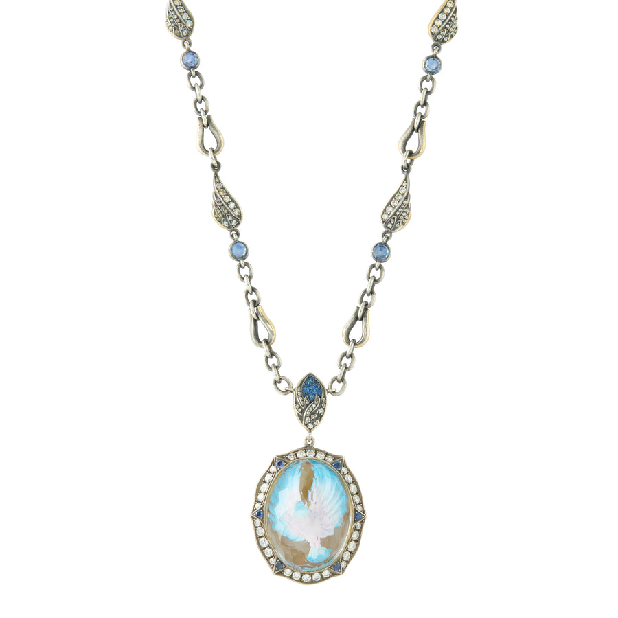 Reversed Carved Rock Quartz and Diamond Bird in Flight Necklace