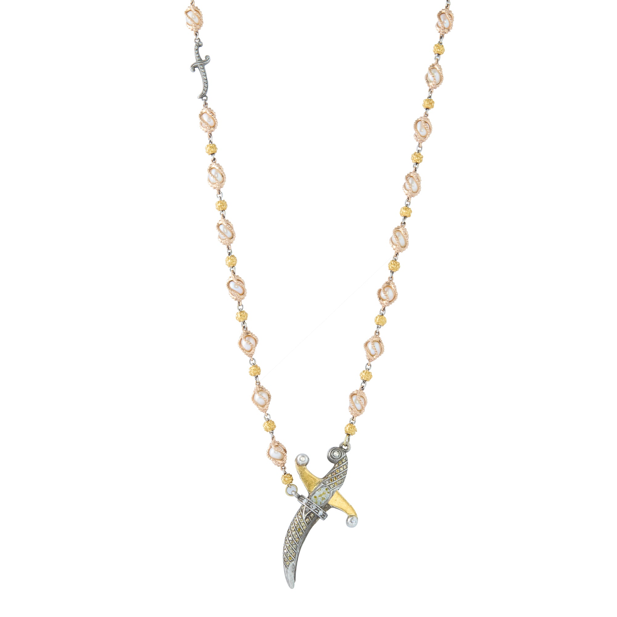 Blush Pearl, White and Fancy Diamond Necklace