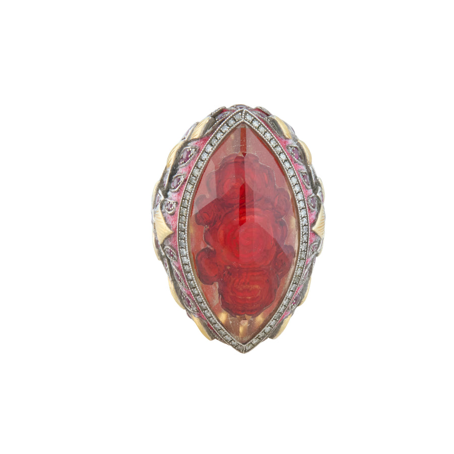 Reversed Carved Rock Quartz Rose Ring with Ruby and Diamond