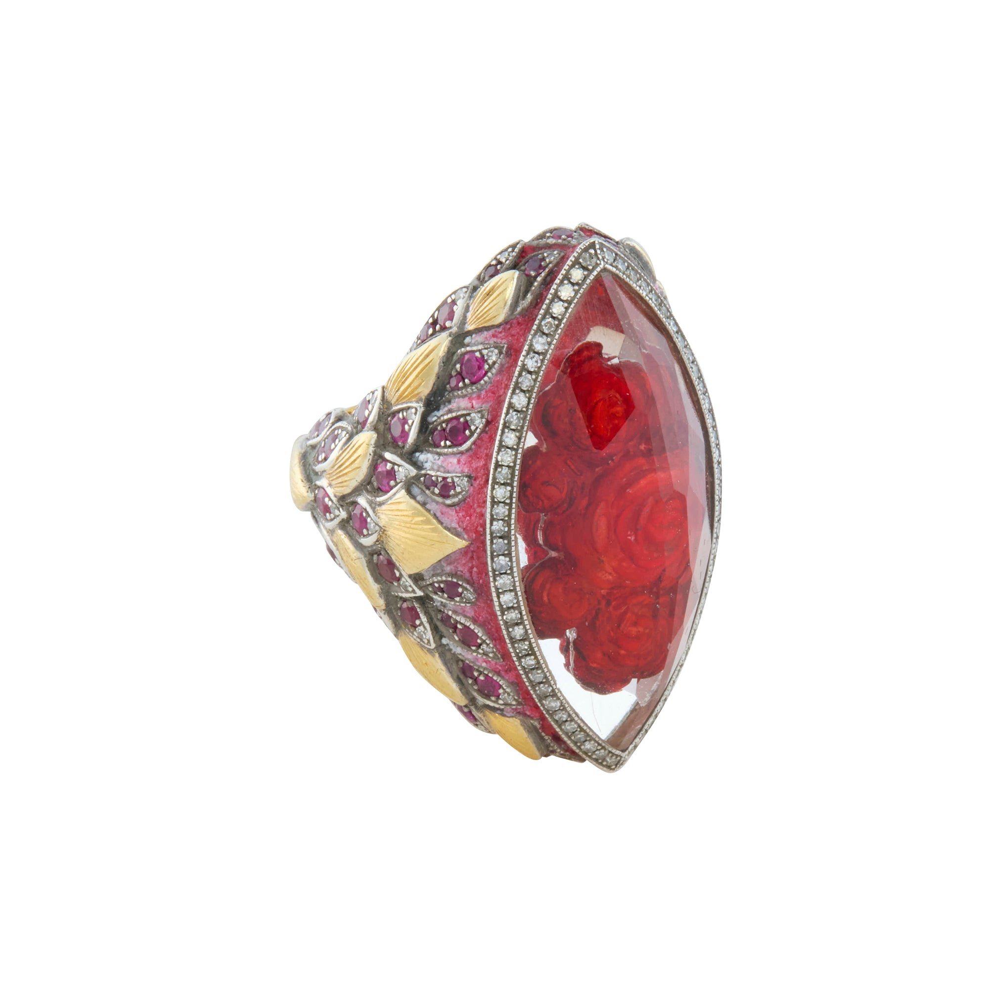 Reversed Carved Rock Quartz Rose Ring with Ruby and Diamond