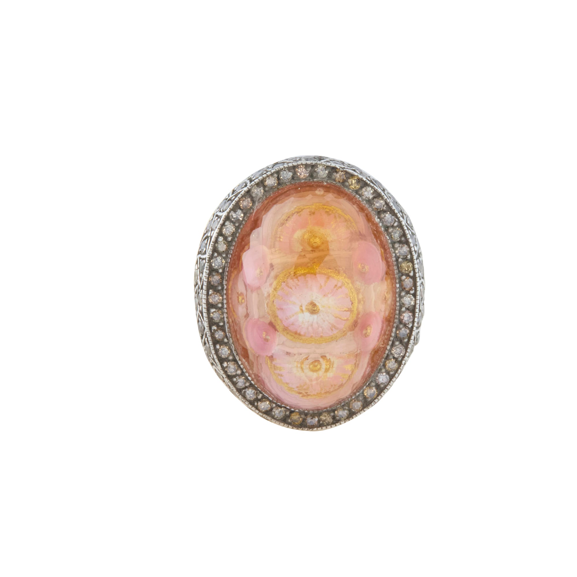 Reversed Carved Ottoman Arch Ring with Brown Diamond and Citrine