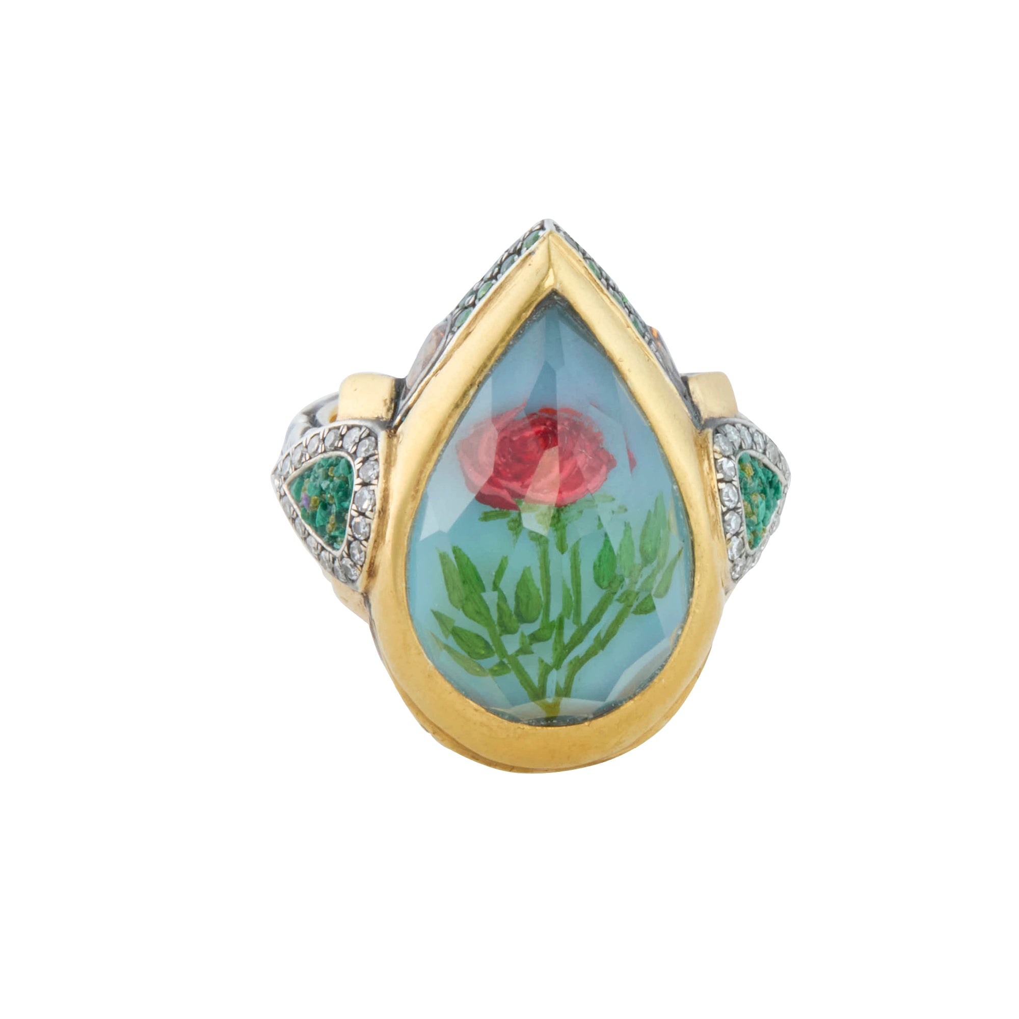Reversed Carved Rock Quartz Red Rose Ring with Diamond, Green Garnet, and Yellow Diamond