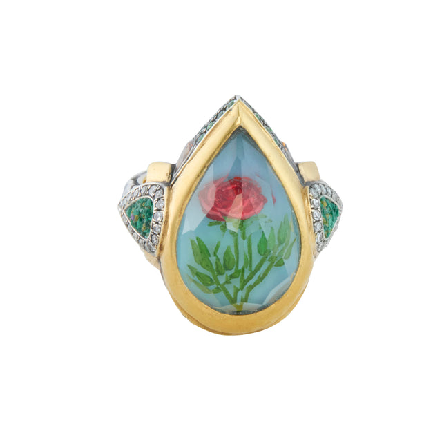 Reversed Carved Rock Quartz Red Rose Ring with Diamond, Green Garnet, and Yellow Diamond