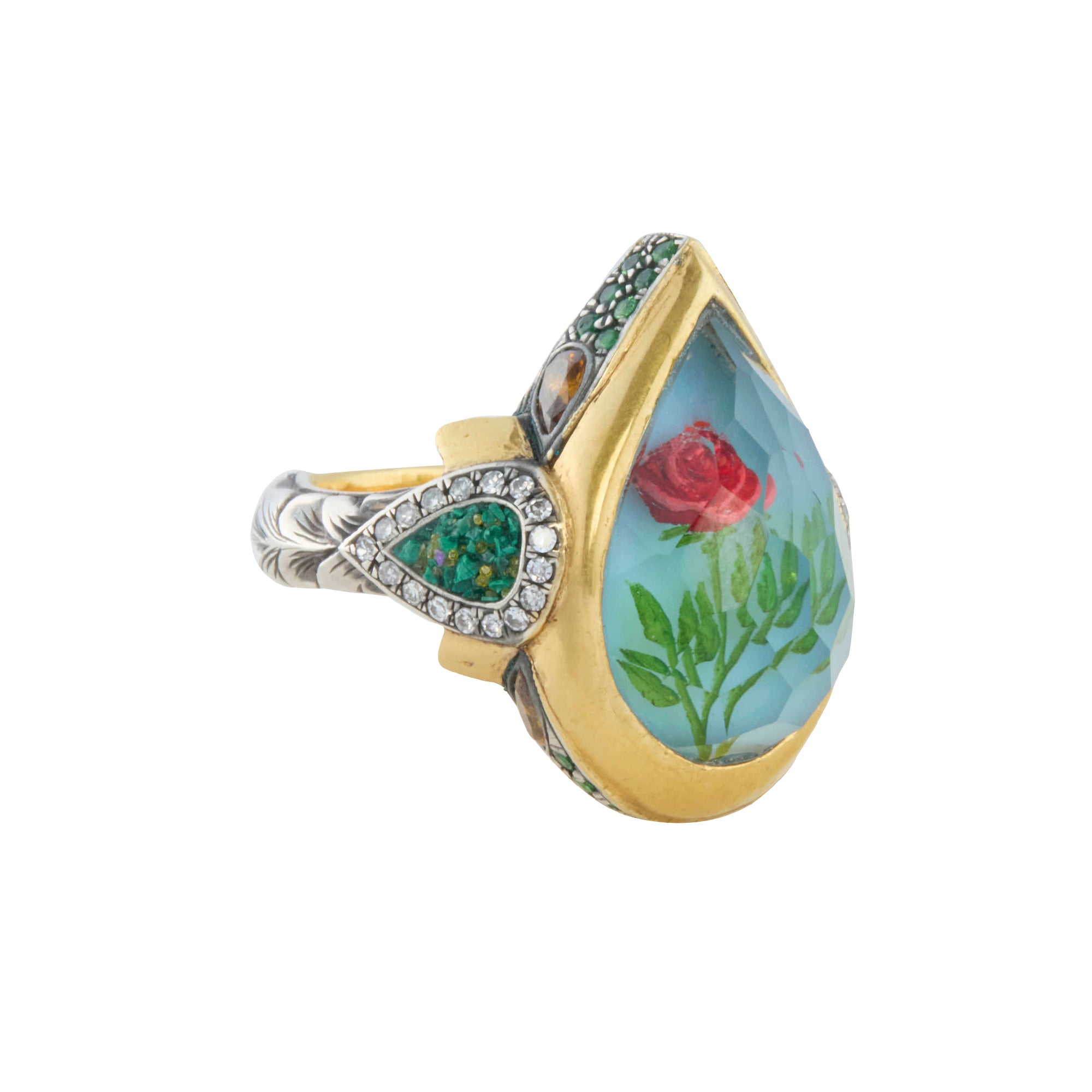 Reversed Carved Rock Quartz Red Rose Ring with Diamond, Green Garnet, and Yellow Diamond